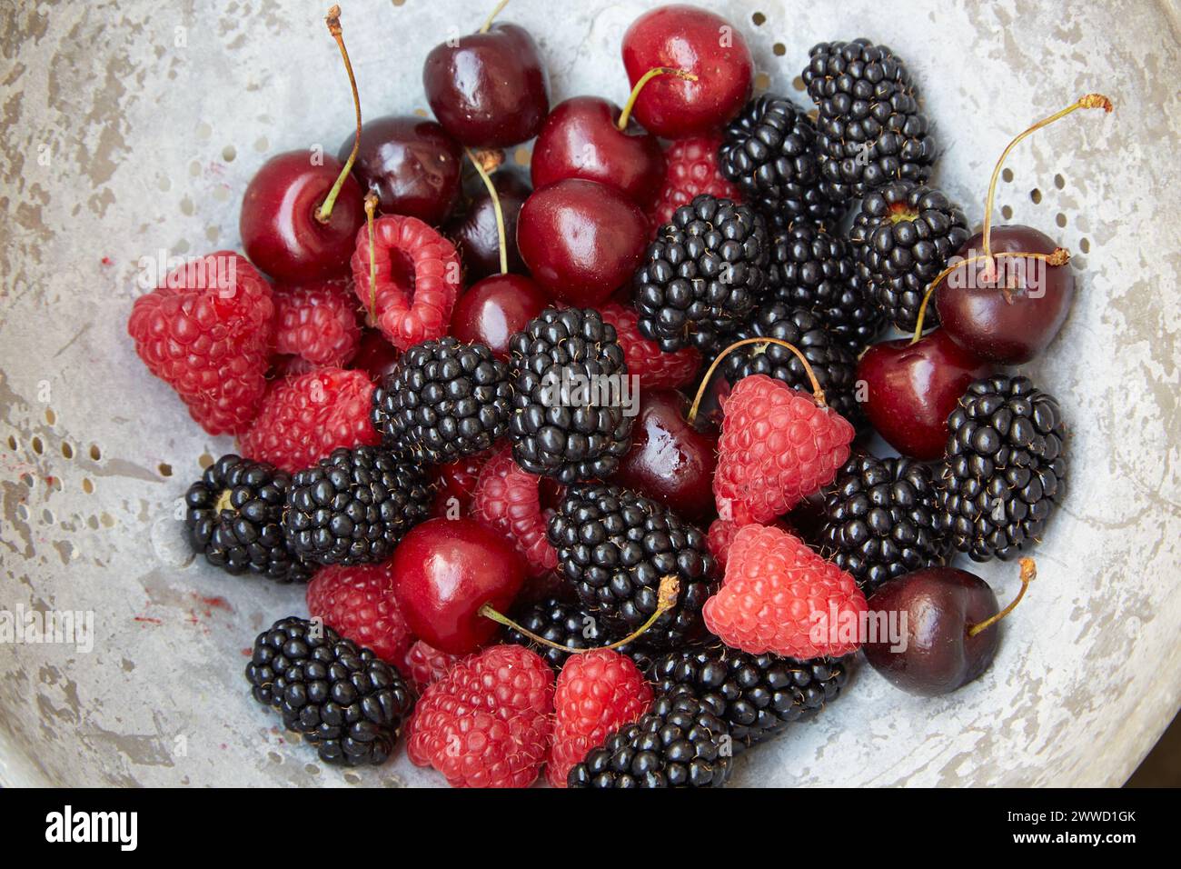 Mixed Berries in an Aluminum Strainer Stock Photo