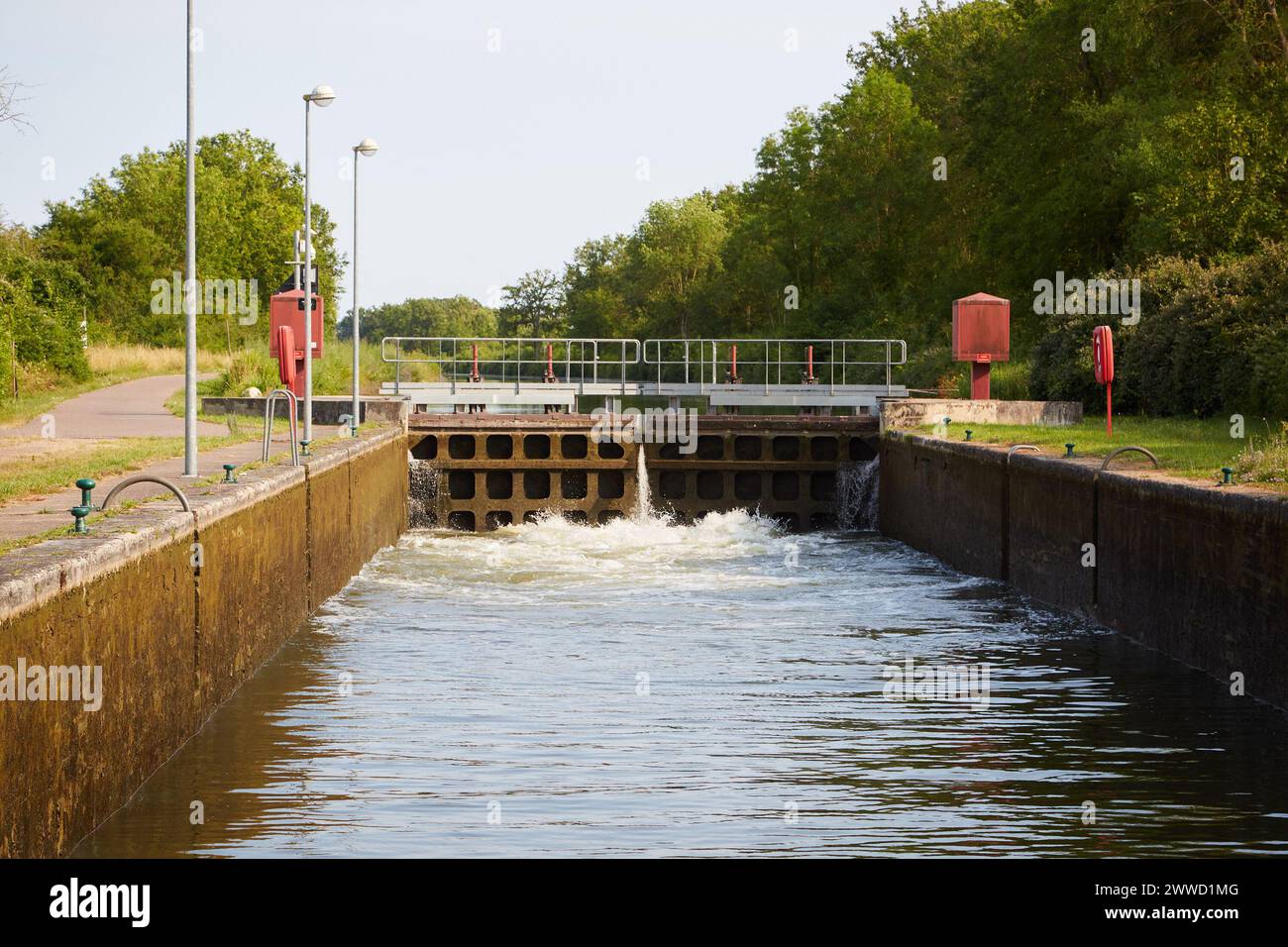 Water Filling a Canal Lock on the Yonne River Stock Photo