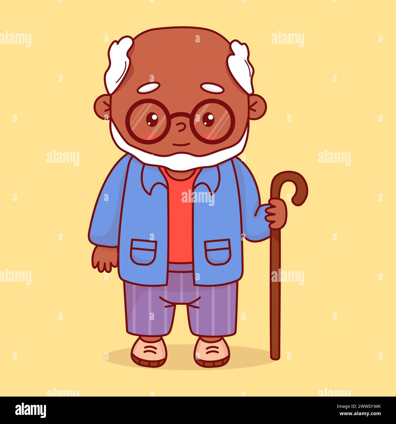 Black ethnic grandfather. Cute elderly gray-haired man with glasses with stick. Vector illustration. Positive cartoon male character. Stock Vector