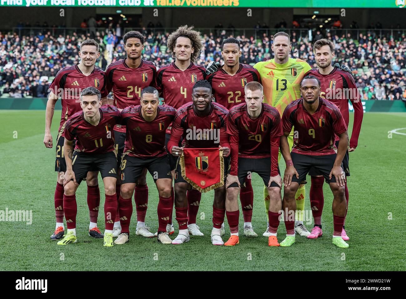 Dublin, Ireland. 23rd Mar, 2024. Red Devils' players pose for a team picture before a friendly soccer match between Ireland and Belgian national team Red Devils, in Dublin, Ireland, Saturday 23 March 2024. The Red Devils play two friendly matches in preparation for the Euro 2024. BELGA PHOTO BRUNO FAHY Credit: Belga News Agency/Alamy Live News Stock Photo