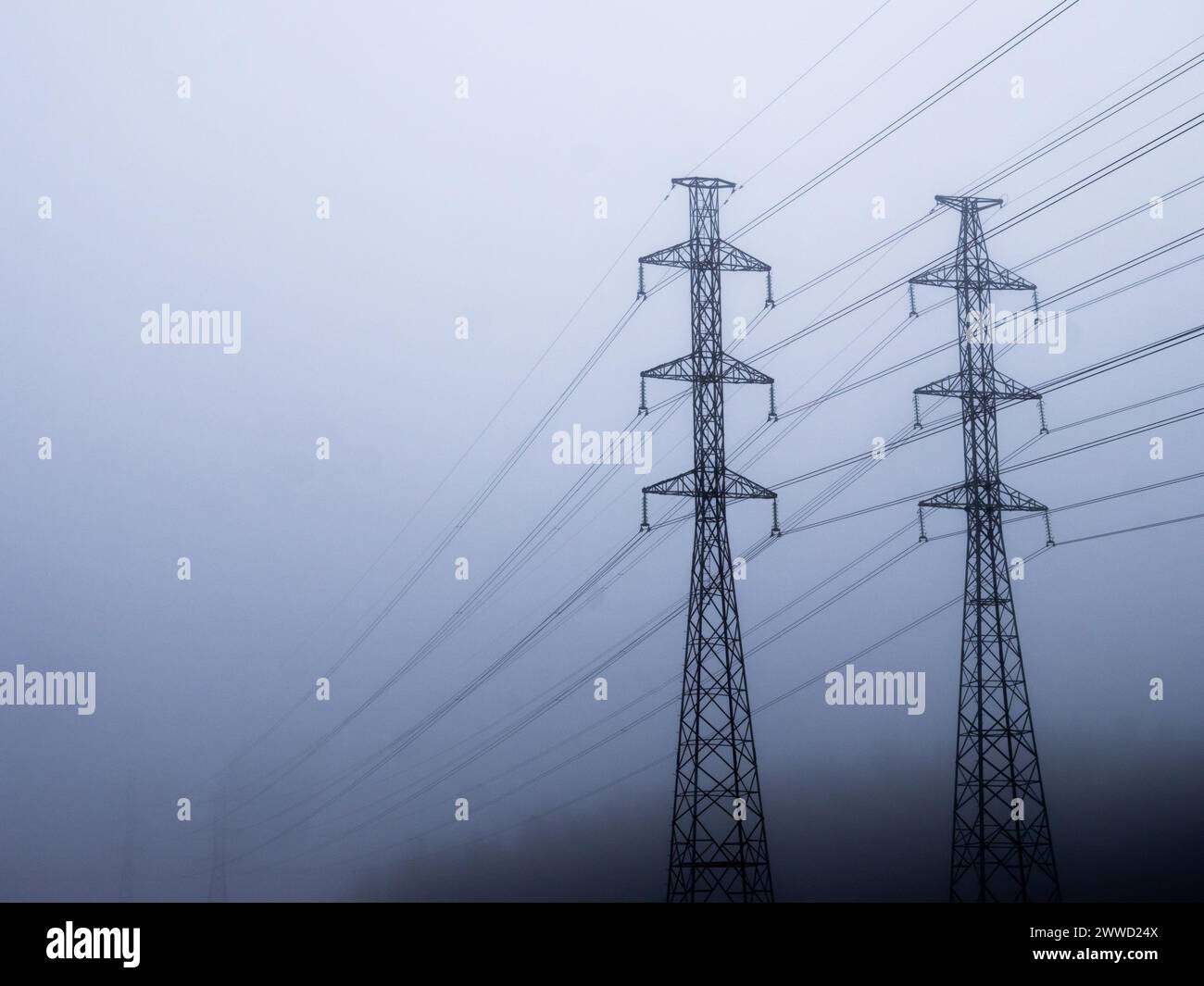 High voltage power line silhouette in foggy morning against white sky Stock Photo