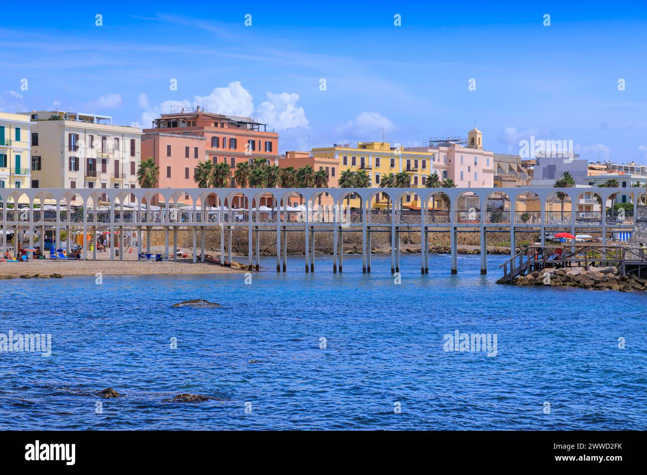 Cityscape of Civitavecchia in Italy: view of Pirgo beach with its pedestrian bridge. Stock Photo