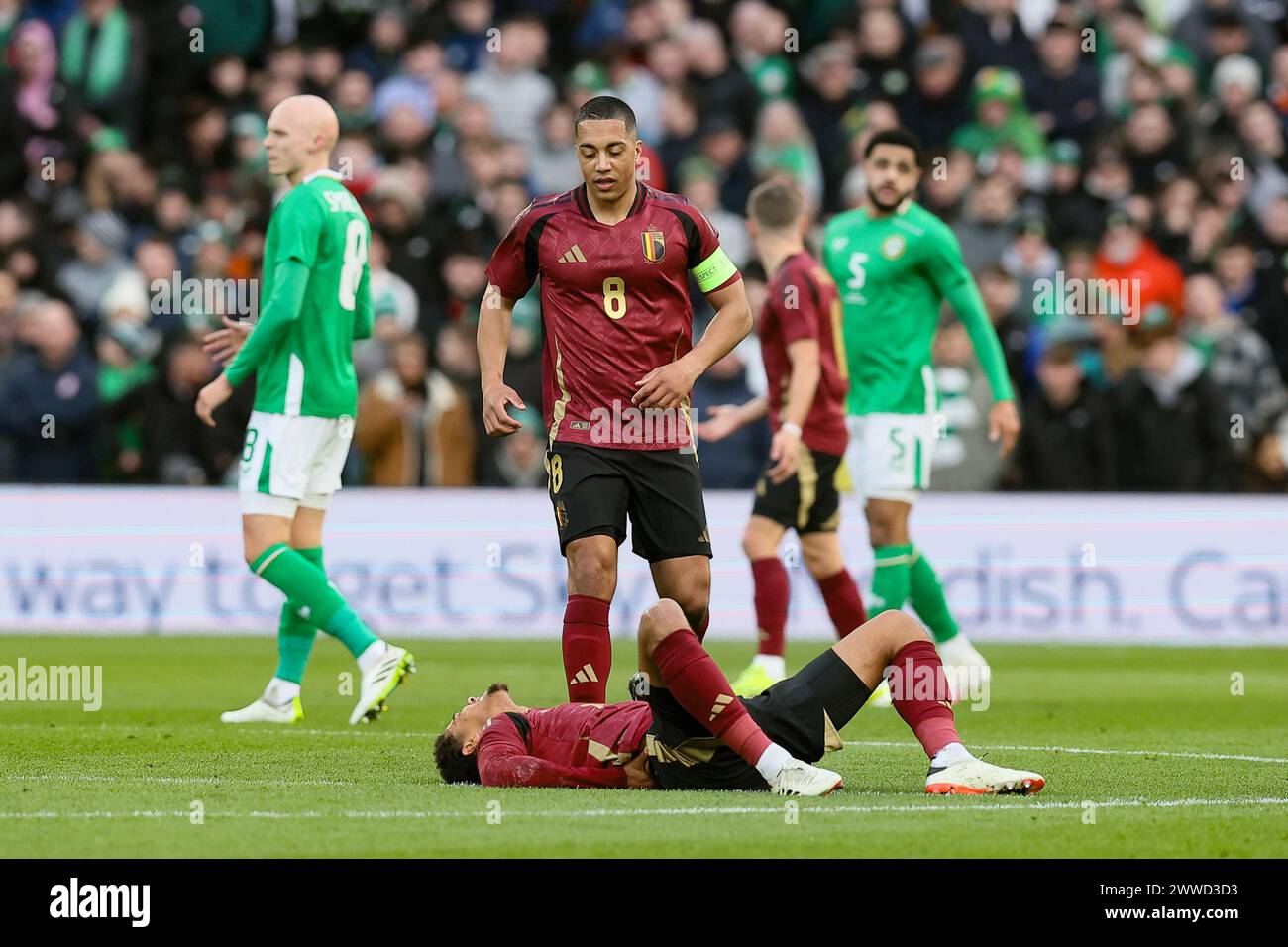 Belgium's Youri Tielemans and Belgium's Koni De Winter pictured during a friendly soccer match between Ireland and Belgian national team Red Devils, in Dublin, Ireland, Saturday 23 March 2024. The Red Devils play two friendly matches in preparation for the Euro 2024. BELGA PHOTO BRUNO FAHY Stock Photo