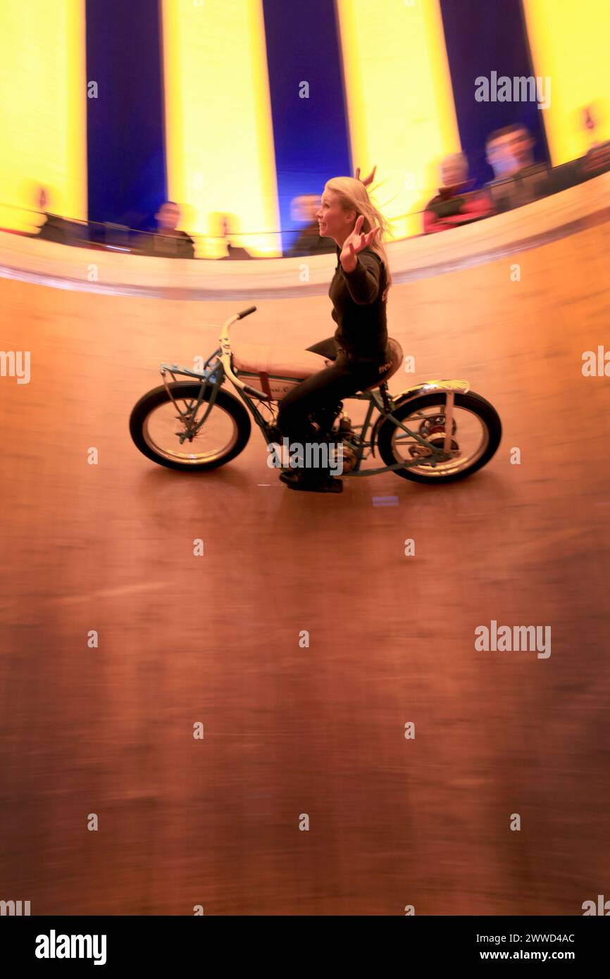 29/04/2012. ..Kerri Cameron, rides the Wall of Death at The Carole Nash ...