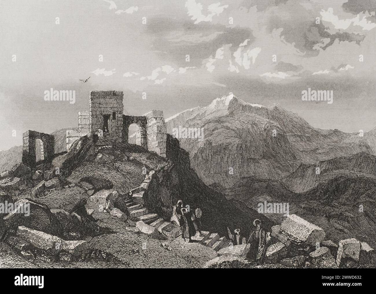 Summit of Mount Sinai. Ruins of a temple. Engraving by Emile Rouargue. 'La Tierra Santa y los lugares recorridos por los profetas, por los apóstoles y por los cruzados' (The Holy Land and the sites traversed by the prophets, by the apostles and by the crusaders). Published in Barcelona by the printing house of Joaquin Verdaguer, 1840. Stock Photo