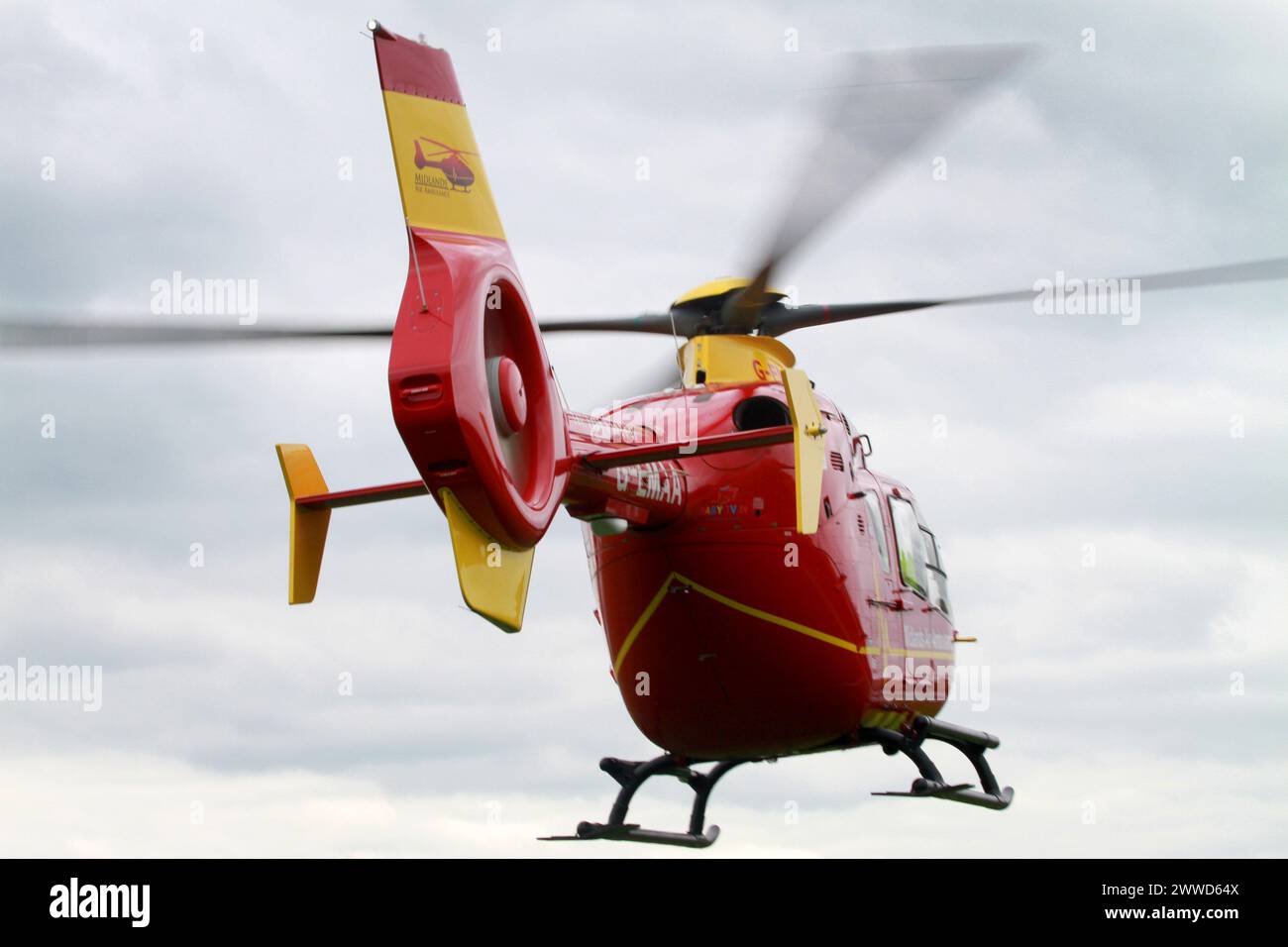 File photo dated 28/04/2012 showing a Midlands emergency Eurocopter EC 135 helicopter on an emergency call at the Staffordshire Showground, Stafford.. Stock Photo
