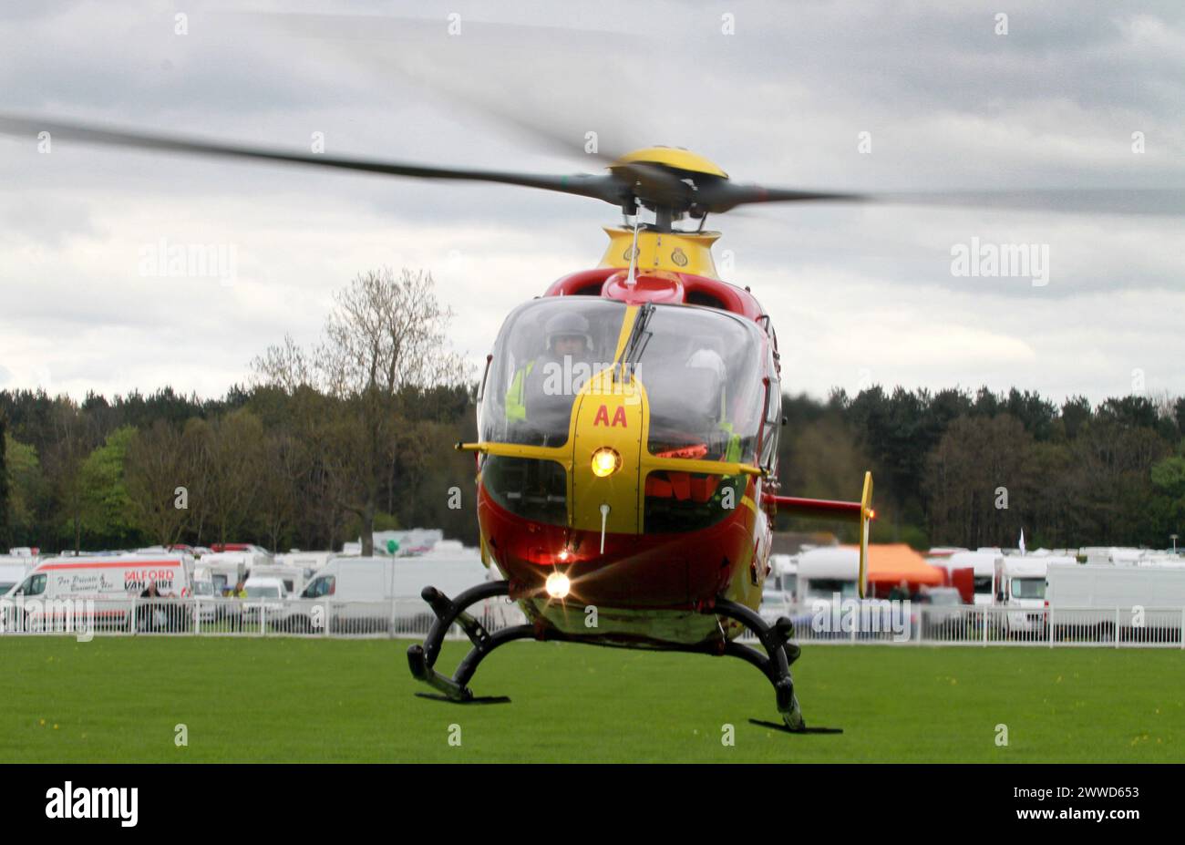 File photo dated 28/04/2012 showing a Midlands emergency Eurocopter EC 135 helicopter on an emergency call at the Staffordshire Showground, Stafford.. Stock Photo