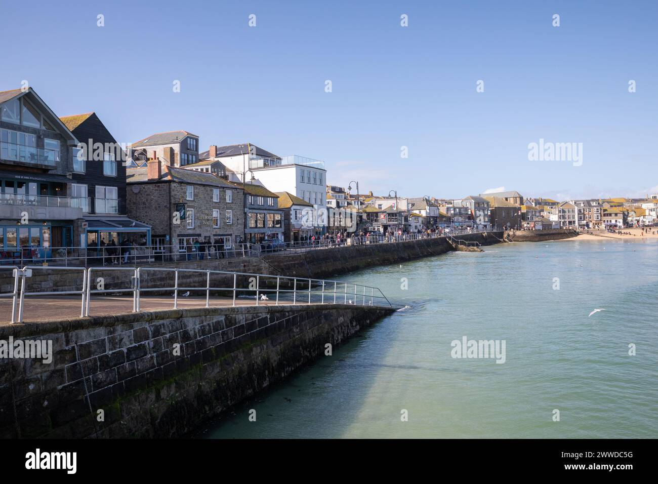 St Ives, Cornwall, 23rd March 2024, People were out enjoying the glorious spring sunshine between the rain showers in St Ives, Cornwall. The temperature was a chilly 9C but with strong winds it felt much cooler. The forecast is for light cloud and moderate breeze for tomorrow. Credit: Keith Larby/Alamy Live News Stock Photo