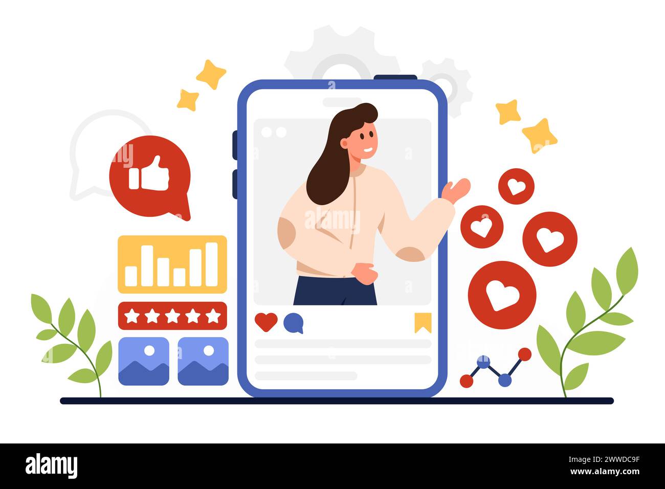 Personal branding, reputation in social media. Tiny woman from mobile phone screen pointing on red heart likes, building online brand identity with digital content cartoon vector illustration Stock Vector