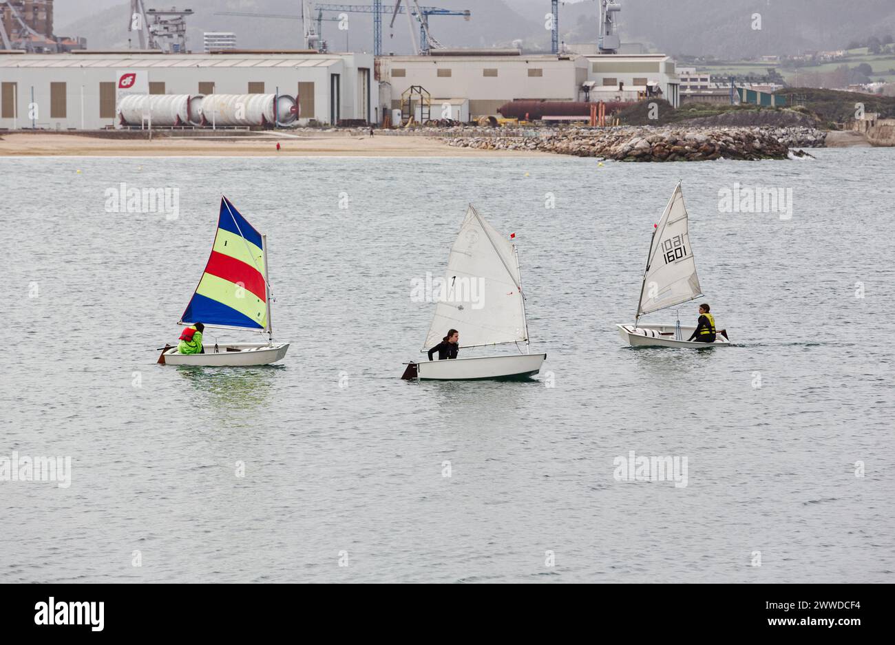 Gijón, spring trophy sailing regatta, in the bay of San Lorenzo. Royal Regatta Club. Principality of Asturias, Spain. Stock Photo