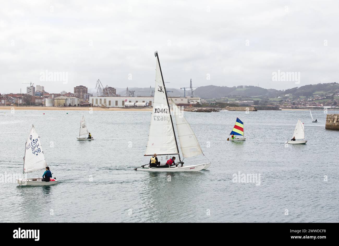Gijón, spring trophy sailing regatta, in the bay of San Lorenzo. Royal Regatta Club. Principality of Asturias, Spain. Stock Photo