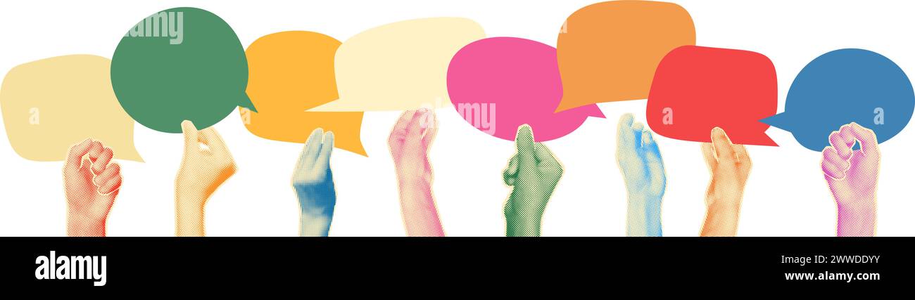 Diverse hands holding speech bubbles halftone collage vector illustration Stock Vector
