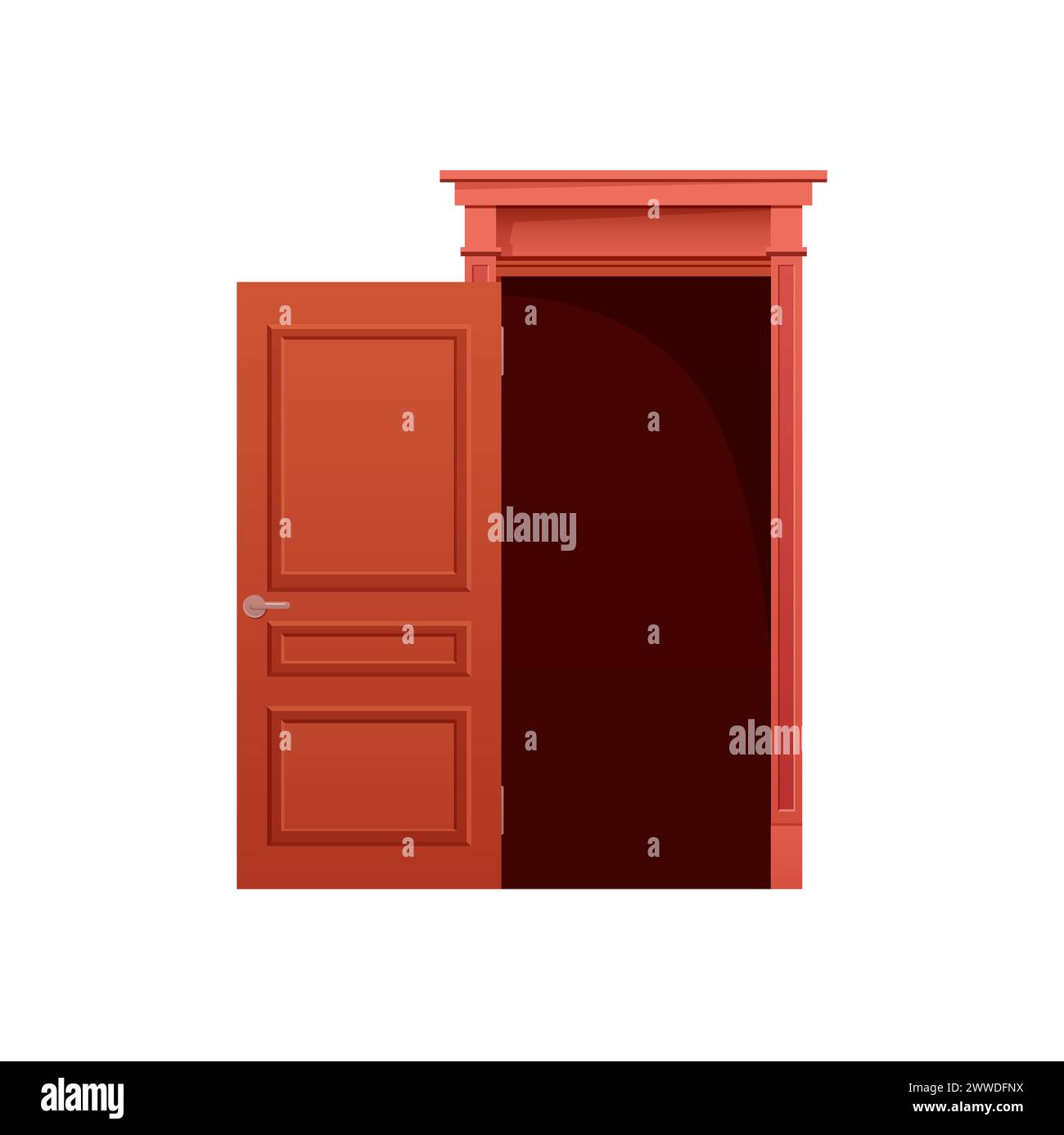 Animated open door position. Home entrance door, wooden front door cartoon vector illustration