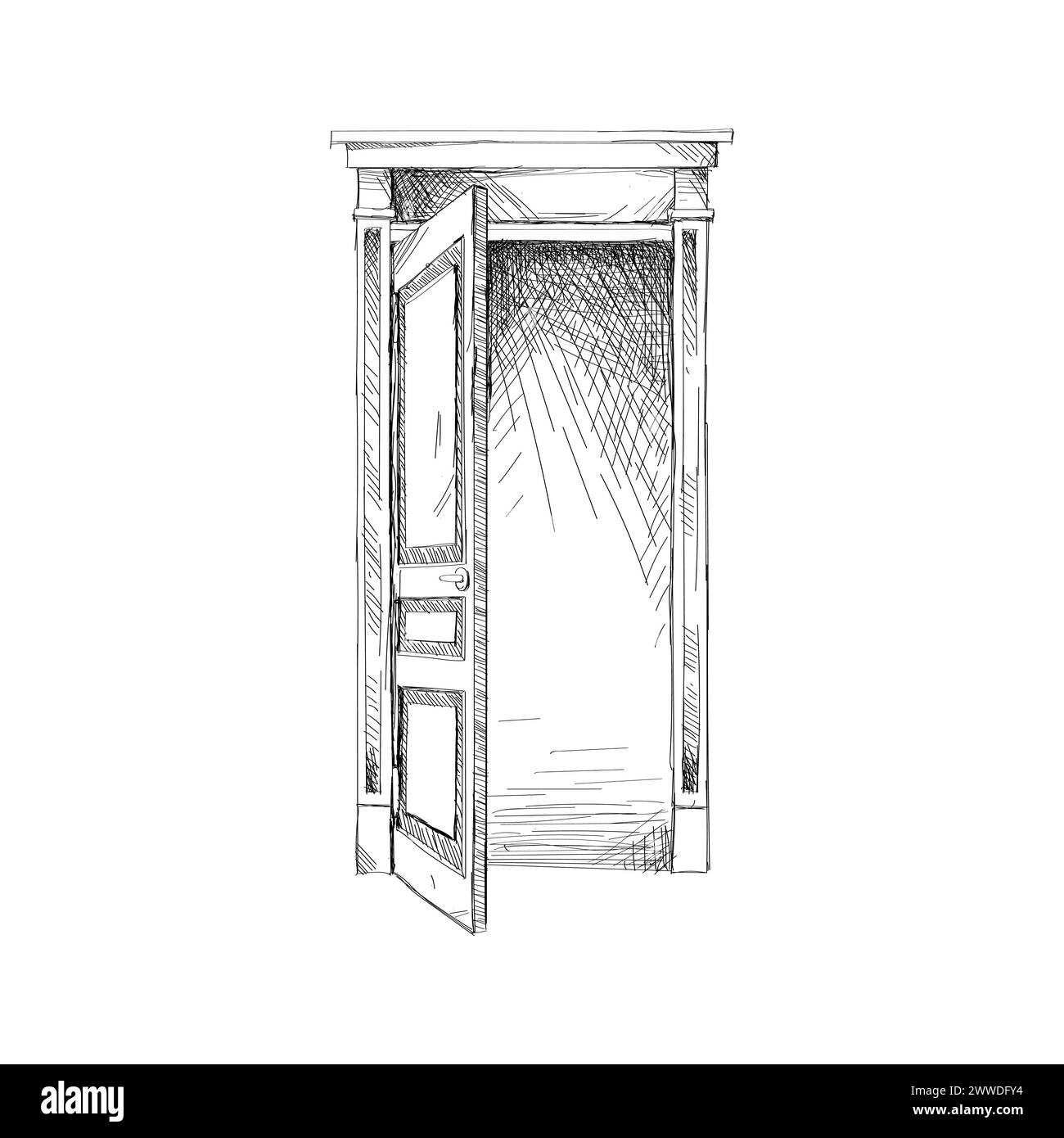 Open door position. Home entrance door, wooden front door sketch vector illustration Stock