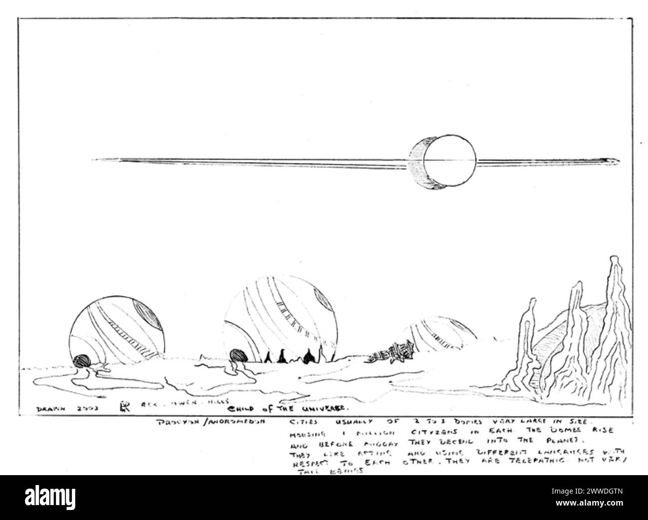 Sketch of alien planet landscape Description: Sketch of alien planet landscape sent to the Ministry of Defence. Date: January 2004 ufo, ministryofdefence Stock Photo