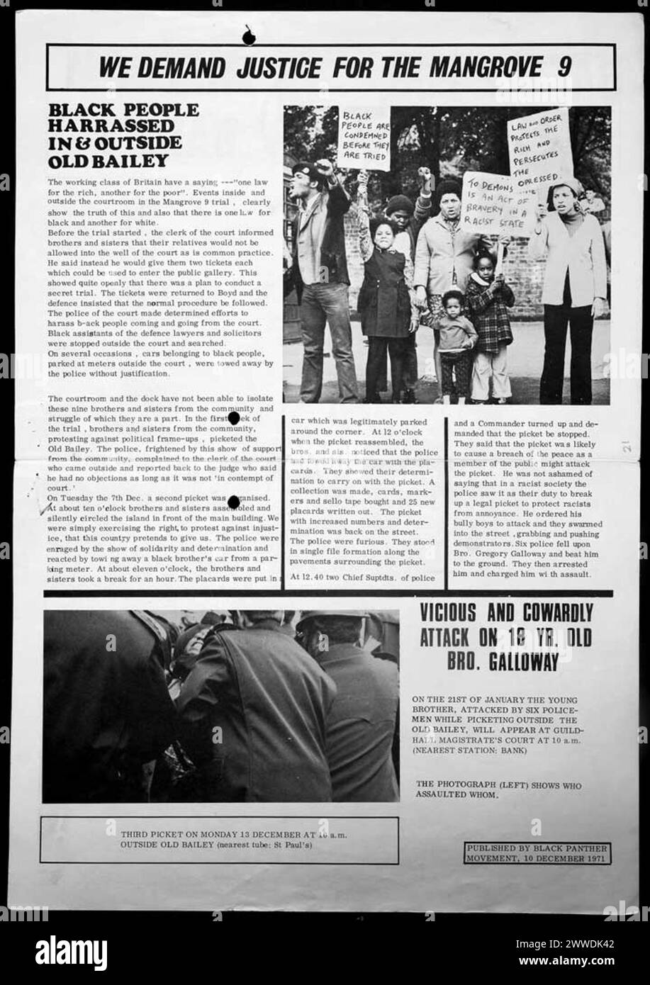 Mangrove Nine flyer Catalogue reference: HO325/143 (3) These flyers view the demonstration as a wider reaction against unfair treatment of the black community, citing the murder of David Oluwale in Leeds. The flyer also documents silent pickets outside the courts, and advertises a third to take place outside the Old Bailey. Stock Photo