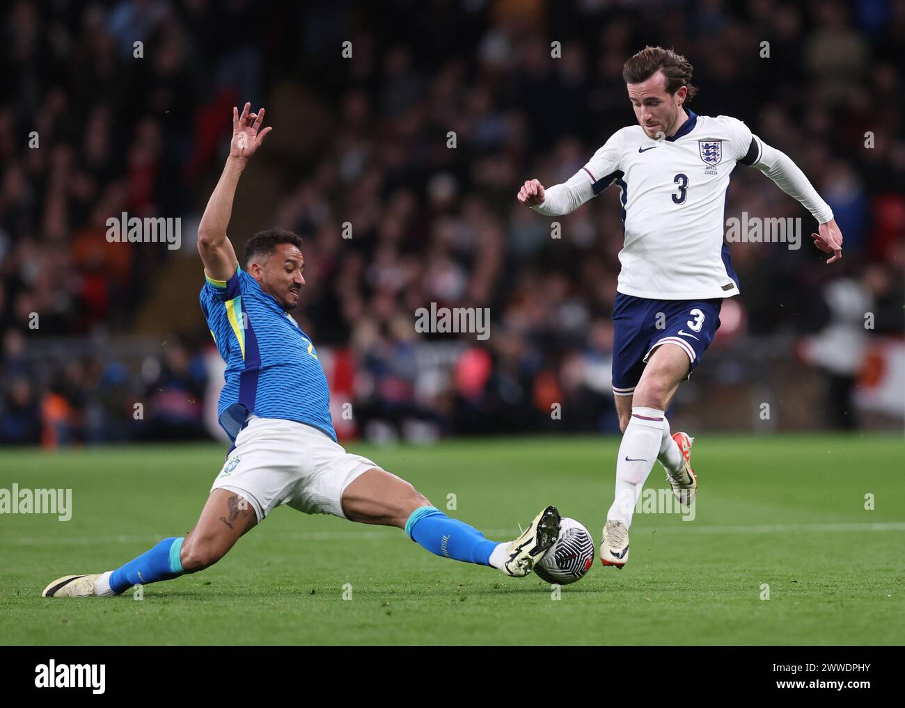London, UK. 23rd Mar, 2024. Danilo Da Silva of Brazil tackles Ben Chilwell of England during the International Friendly match at Wembley Stadium, London. Picture credit should read: David Klein/Sportimage Credit: Sportimage Ltd/Alamy Live News Stock Photo