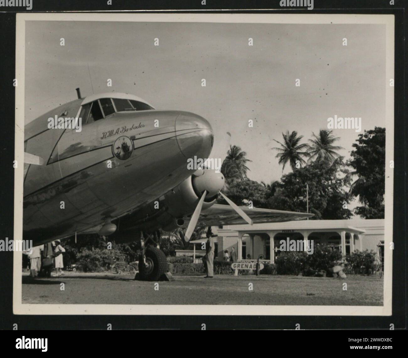 Description: B.W.I.A. Viking at the small but attractive Grenada airport. Location: Grenada Date: 1950-1955 aeroplane, grenada, caribbean, viking, bwia, caribbeanthroughalens Stock Photo