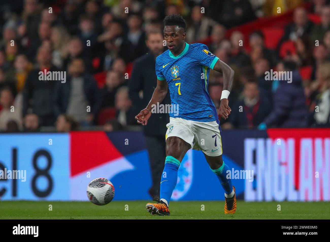 Vinicius Junior of Brazil passes the ball during the International Friendly match England vs Brazil at Wembley Stadium, London, United Kingdom, 23rd March 2024  (Photo by Gareth Evans/News Images) Stock Photo