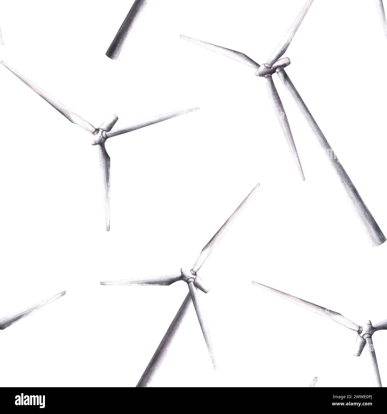 Watercolor painting eco wind turbine windmills seamless pattern 