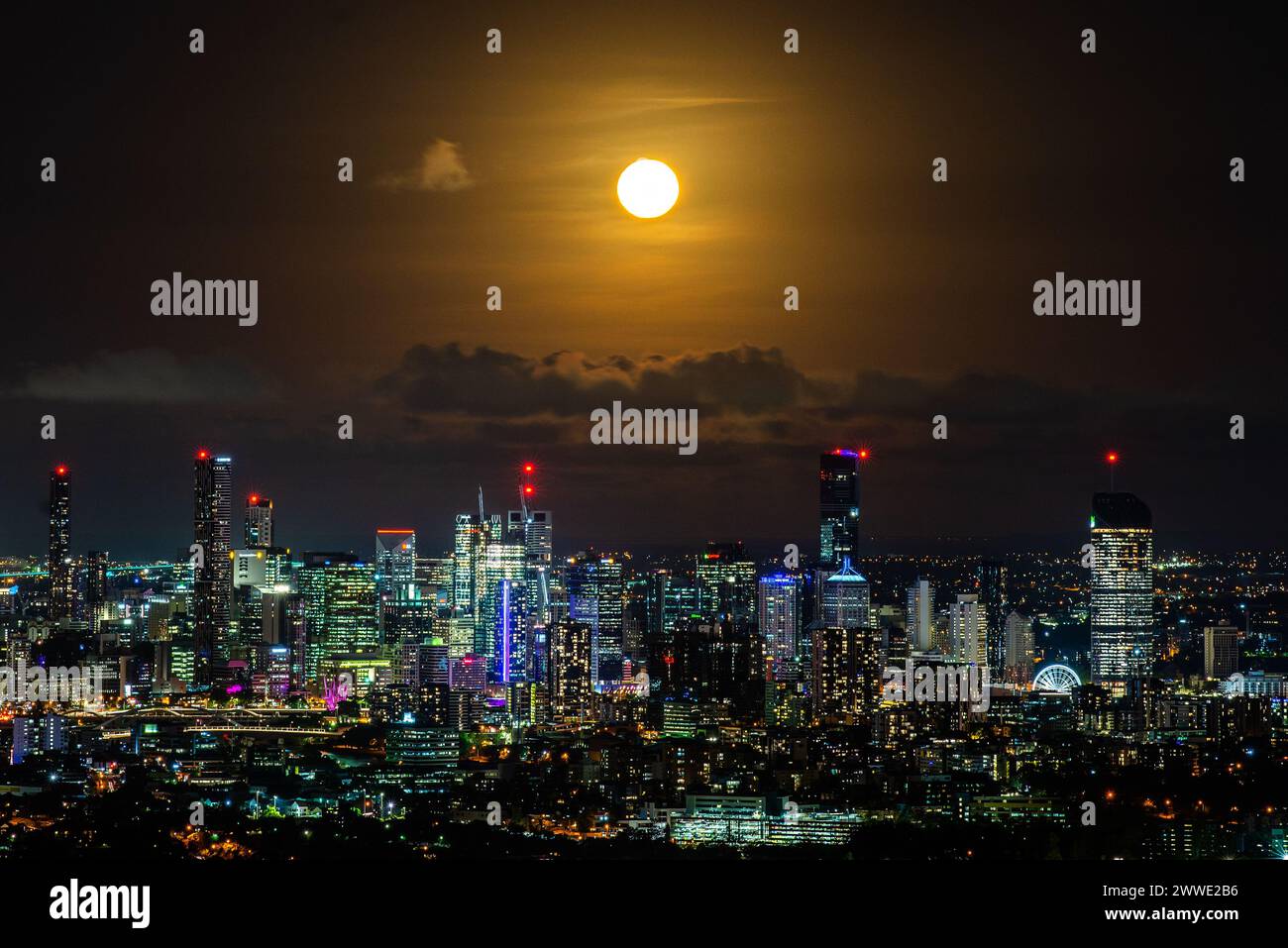 Full Moon Rising Over Brisbane Skyline, Brisbane, Queensland, Australia