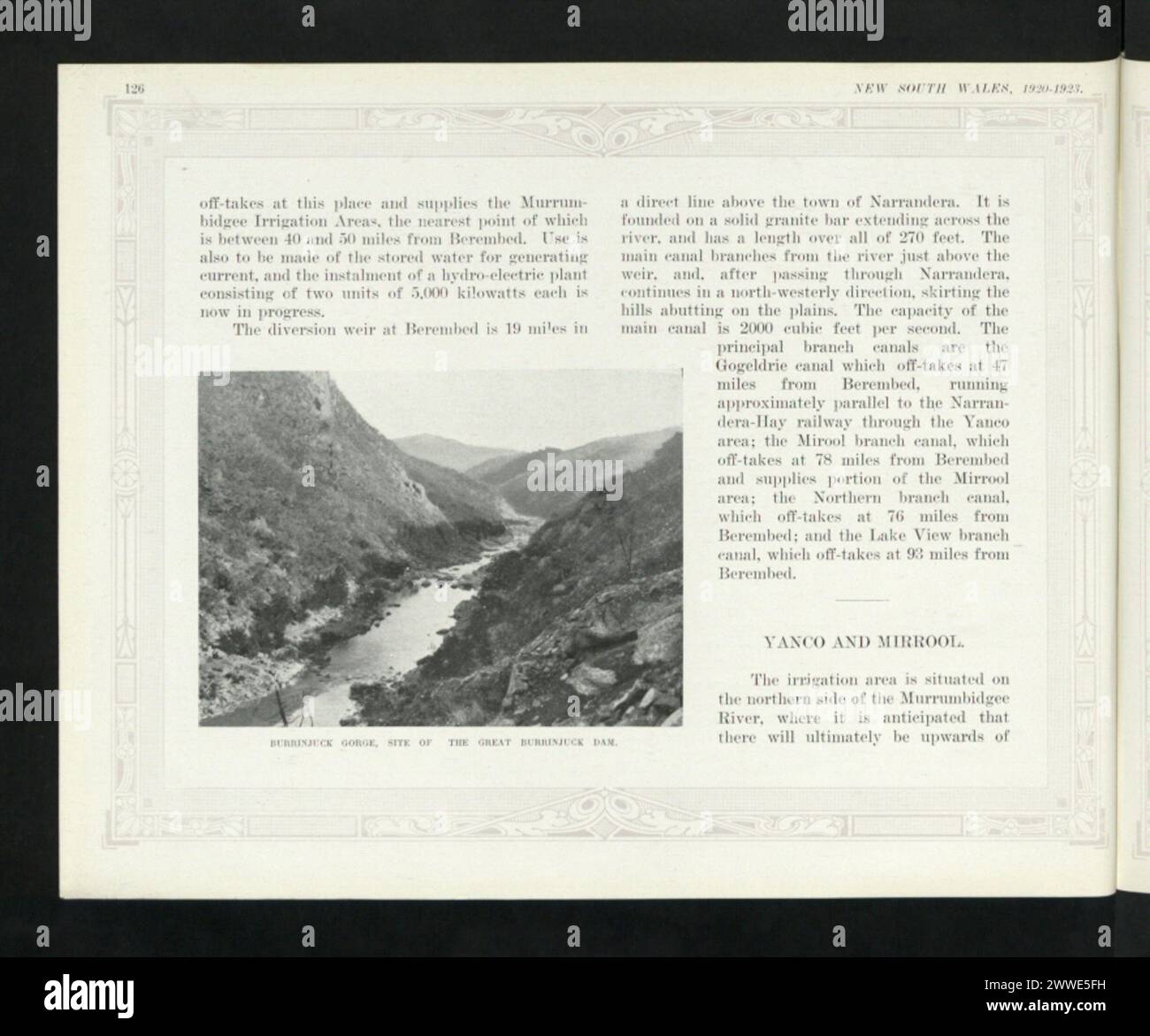 Description: Burrinjuck Gorge, Site of the Great Burrinjuck Dam. Location: New South Wales, Narrandera, Berembed, Australia Date: 1920 australia, australasia, oceania, australasiathroughalens Stock Photo