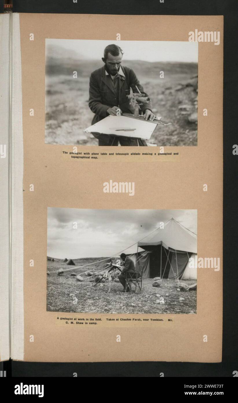 Description: The geologist with plane table and telescopic alidade making a geological and topographical map. Description: A geologist at work in the field. Taken at Chashm Farak, near Tembium. Mr. G. M. Shaw in camp. Location: Chashm Farak, Tembiun, Persia Stock Photo