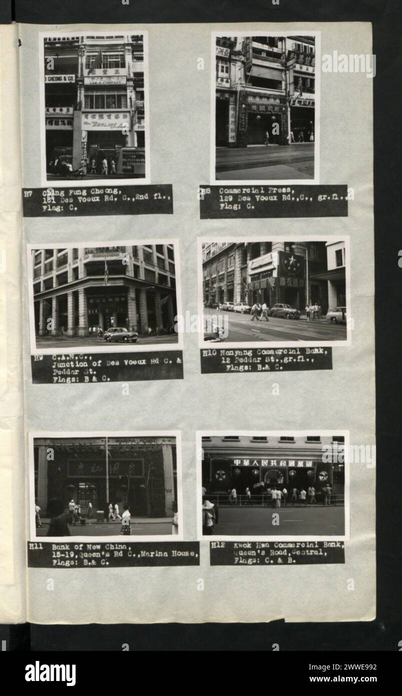 Description: Ching Fung Cheong, 161 Des Voeux Rd. C., 2nd fl., Flag: C. Location: Hong Kong Date: 01 October 1955 Description: Commercial Press, 129 Des Voeux Rd.,C., gr.fl., Flag: C. Location: Hong Kong Date: 01 October 1955 Description: C.A.N.C., Junction of Des Voeux Rd C. & Peddar St. Flags: B & C. Location: Hong Kong Date: 01 October 1955 Description: Nanyang Commercial Bank, 12 Peddar St.,gr.fl., Flags: B.& C. Location: Hong Kong Date: 01 October 1955 Description: Bank of New China, 15-19, Queen's Rd C., Marina House, Flags: B.& C. Location: Hong Kong Date: 01 October 1955 Description: K Stock Photo