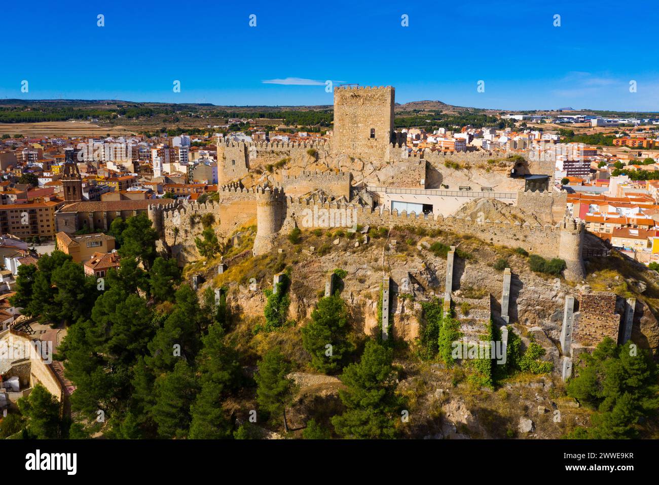 Fly over Almansa castle. City of Almansa. Spain Stock Photo