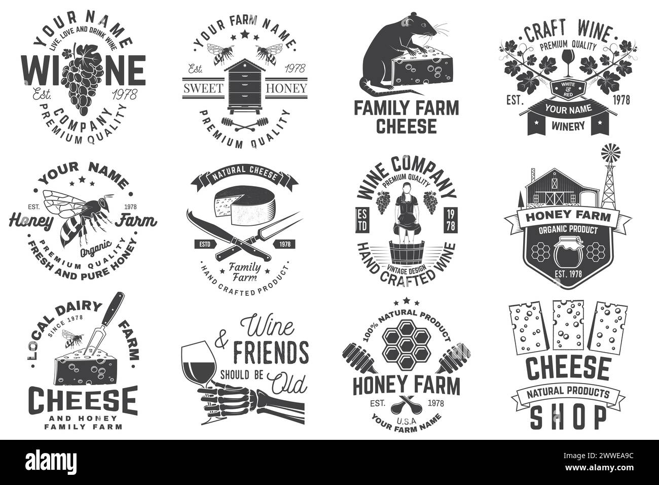 Set of wine company, cheese family, honey bee farm badge design. Template for logo, branding design with block cheese, glass of wine, bottle, milk Stock Vector