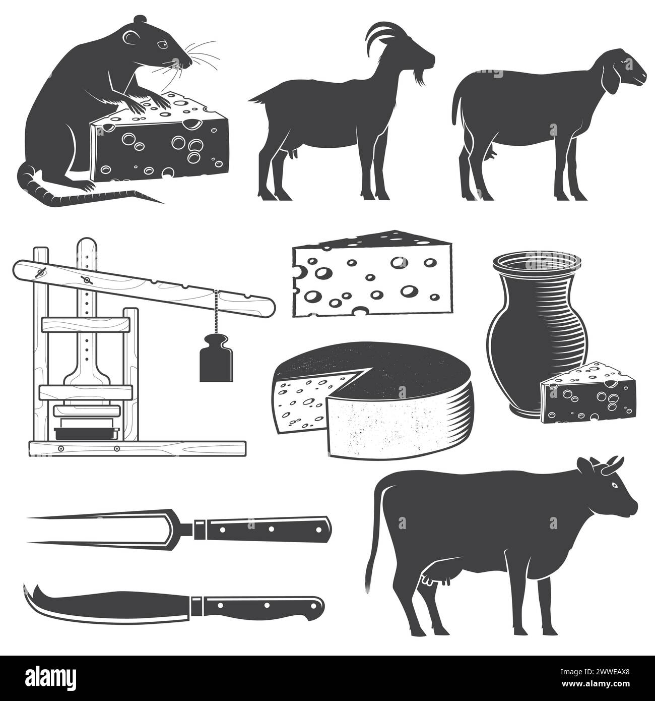 Set of cheese family farm icon silhouettes. For logo, branding design with block cheese, sheep lacaune, fork, knife for cheese, cow, goat, cheese Stock Vector