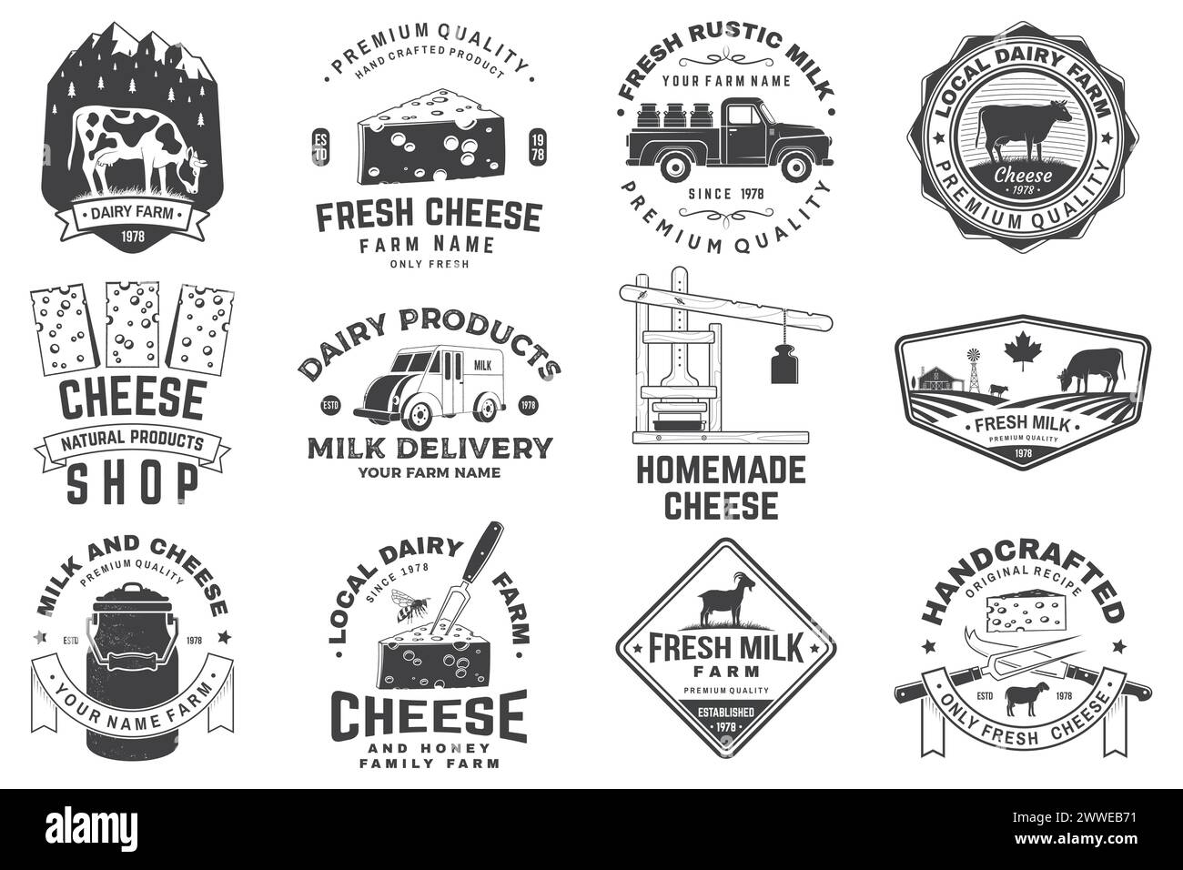 Cheese family farm and rustic milk badge design. Design with block cheese, sheep, fork, knife, milk, cow, cheese press. Vector. Template for cheese Stock Vector