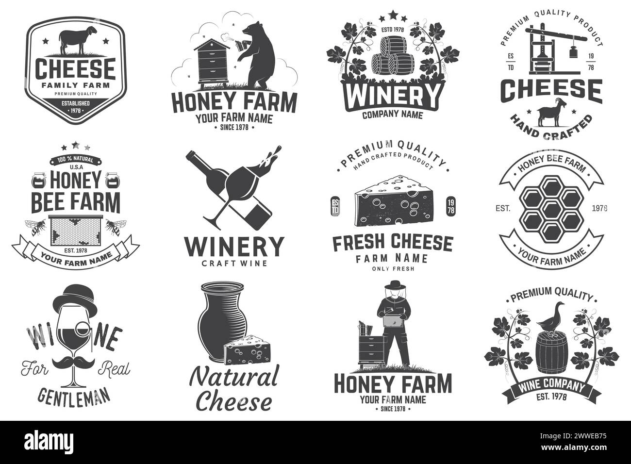 Set of wine company, cheese family, honey bee farm badge design. Template for logo, branding design with block cheese, glass of wine, bottle, milk Stock Vector