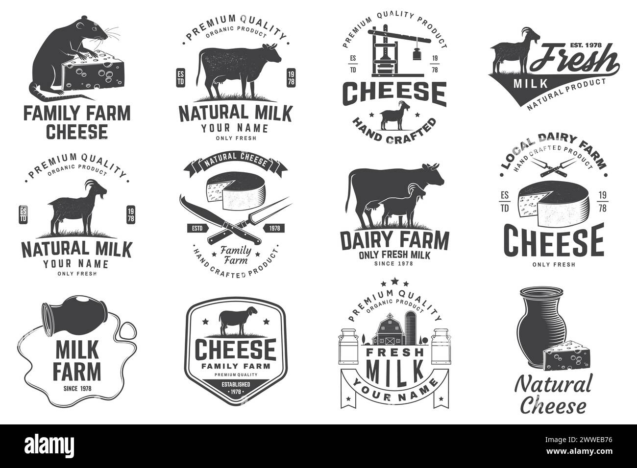 Cheese family farm and rustic milk badge design. Design with block cheese, sheep, fork, knife, milk, cow, cheese press. Vector. Template for cheese Stock Vector