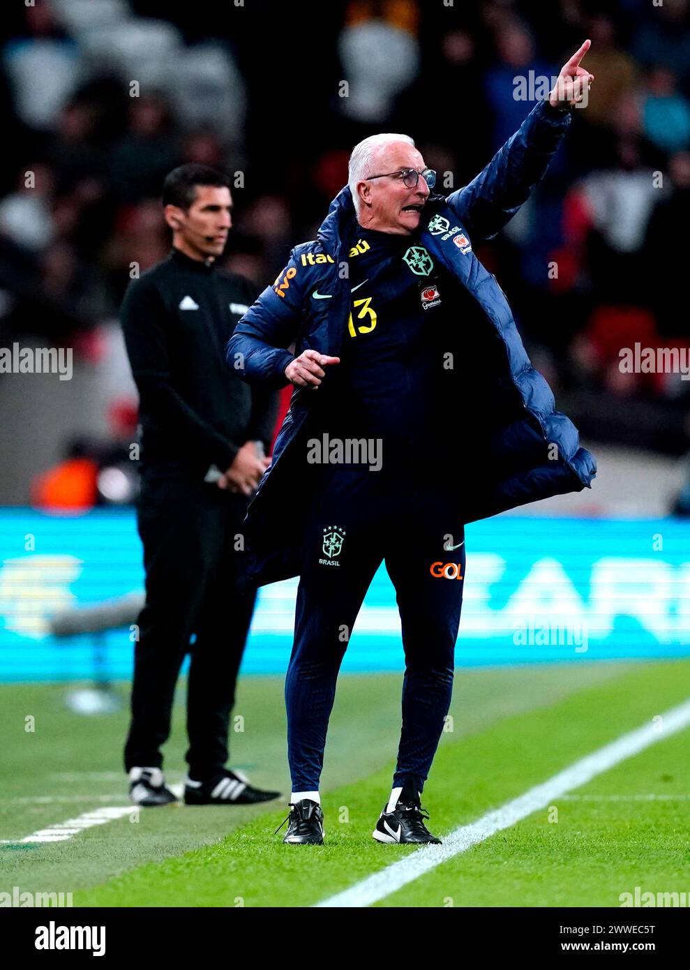 Brazil manager Dorival Junior gestures on the touchline during a international friendly match at Wembley Stadium, London. Picture date: Saturday March 23, 2024. Stock Photo
