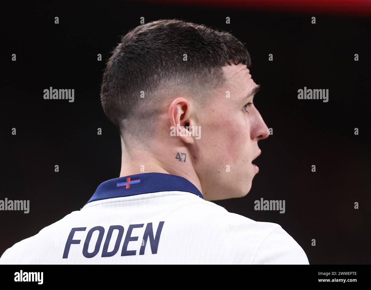 London, UK. 23rd Mar, 2024. The new ly designed Nike England cross on the back of the shirt during the International Friendly match at Wembley Stadium, London. Picture credit should read: David Klein/Sportimage Credit: Sportimage Ltd/Alamy Live News Stock Photo