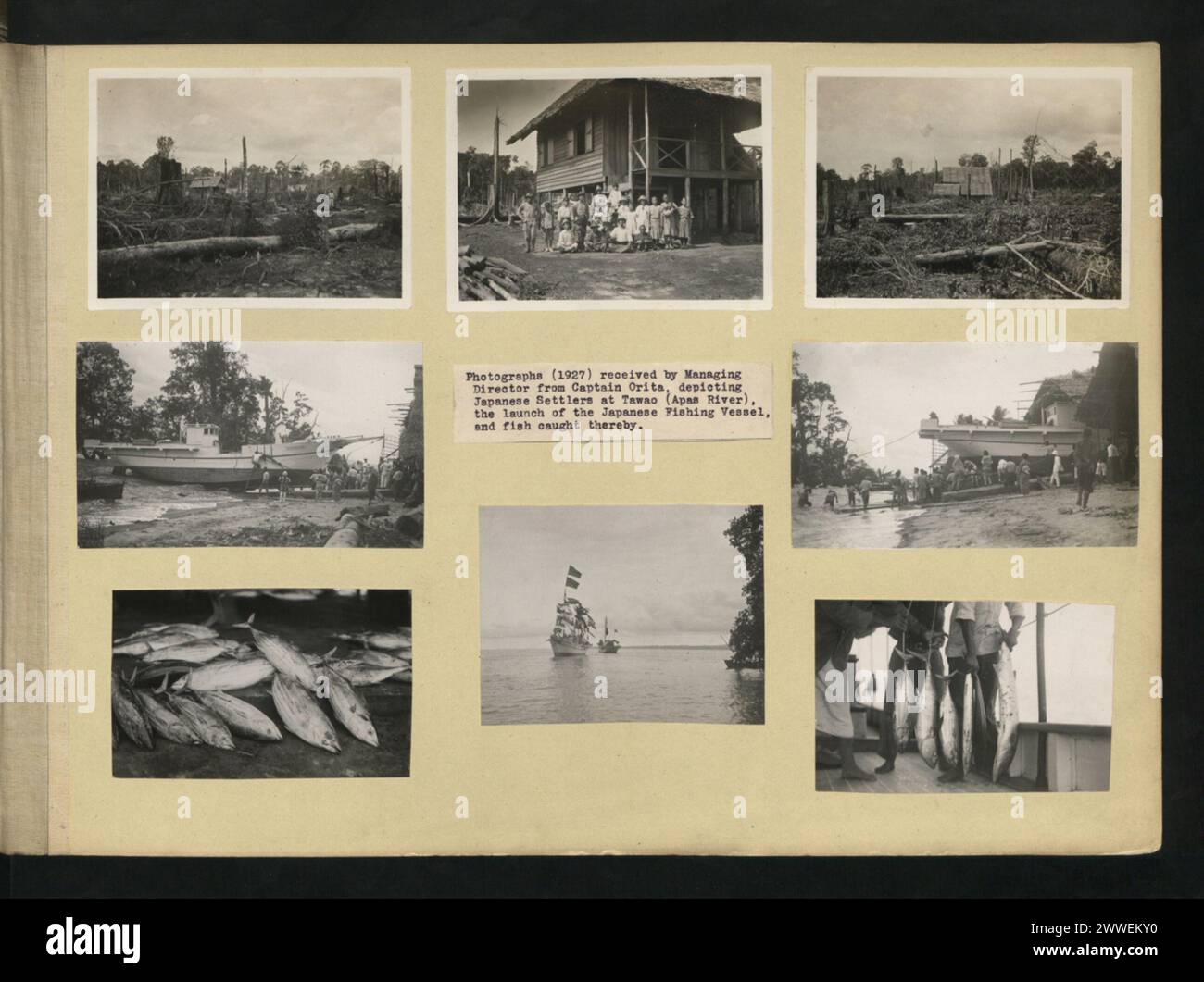 Description: Photographs (1927) received by Managing Director from Captain Orita, depicting Japanese Settlers at Tawao (Apas River), the launch of the Japanese Fishing Vessel, and fish caught thereby. Location: Tawao, Borneo Date: 1927 asia, malaysia, borneo, sabah, asiathroughalens Stock Photo