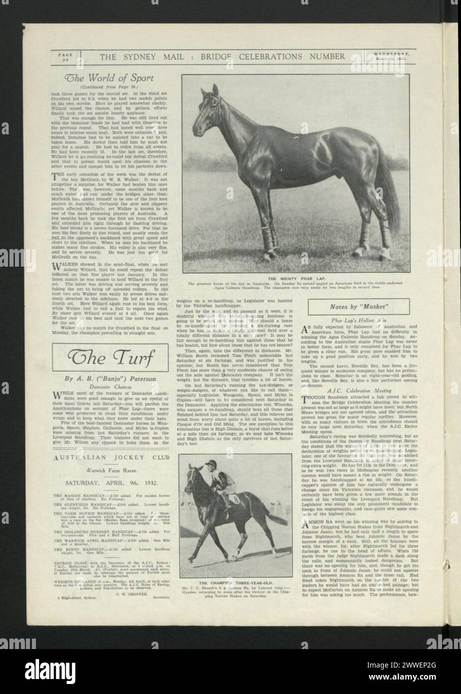Description: The Mighty Phar Lap. The greatest horse of his day in Australia. On Sunday he spread-eagled as an American field in the richly endowed, Agus Caliente Handicap. The champion won very easily by two lengths in record time. Location: Sydney, New South Wales, Australia Date: 23 March 1932 Description: The Champion three-year-old. Location: Sydney, New South Wales, Australia Date: 23 March 1932 australia, australasia, oceania, australasiathroughalens Stock Photo