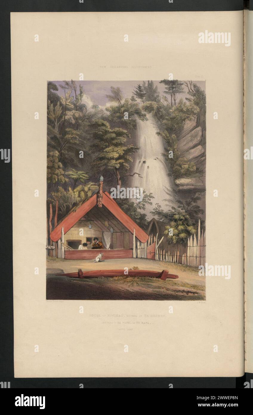 The house of Hiwikau, mother of Te Heuneu, and the falls of Ko Waihi at ...