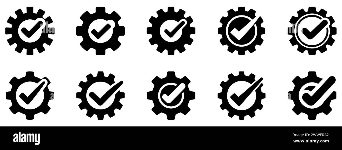 Gear icons set. Black gear icon with a check mark. Approved symbol ...
