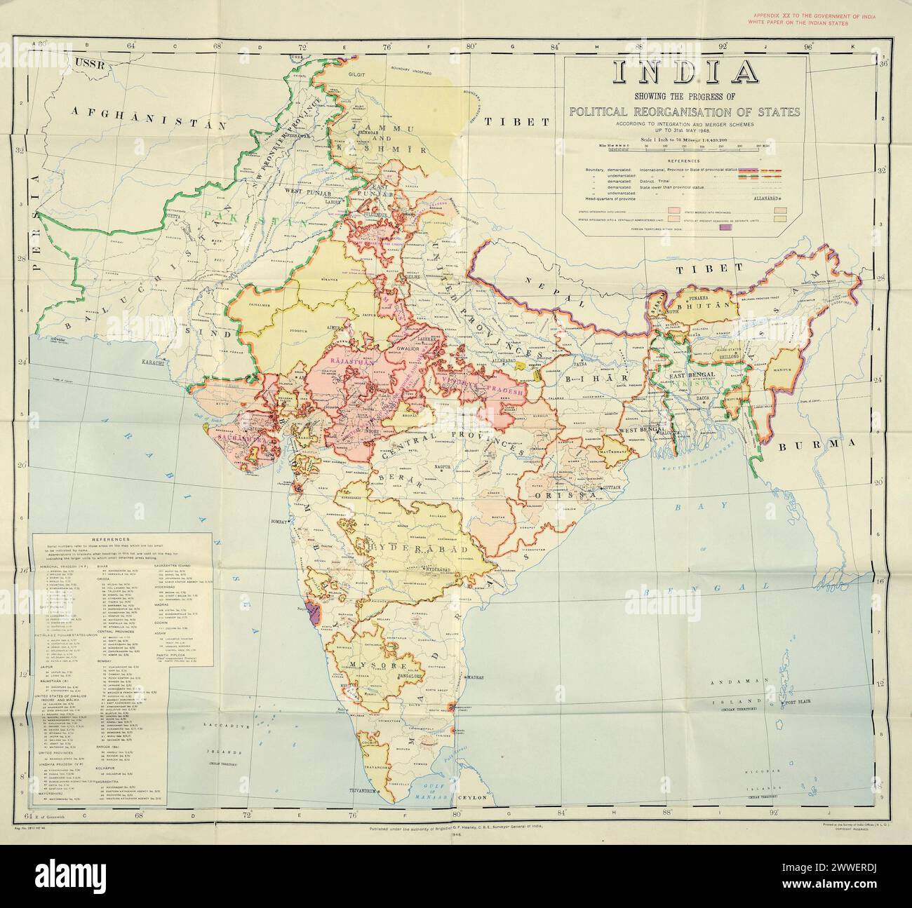 Map of the partition of British India Document: India's plan for uniting and merging Indian States, 1948. Catalogue Ref: DO 142/484 (1) Description: This map illustrates the new borders that resulted from the partition of British India. The partition of British India happened in August 1947 when the British government withdrew after almost two hundred years of British rule. It is called 'partition' because this withdrawal resulted in two new independent nations: India and Pakistan. The borders of these new countries were based on religious majorities and went straight through existing province Stock Photo