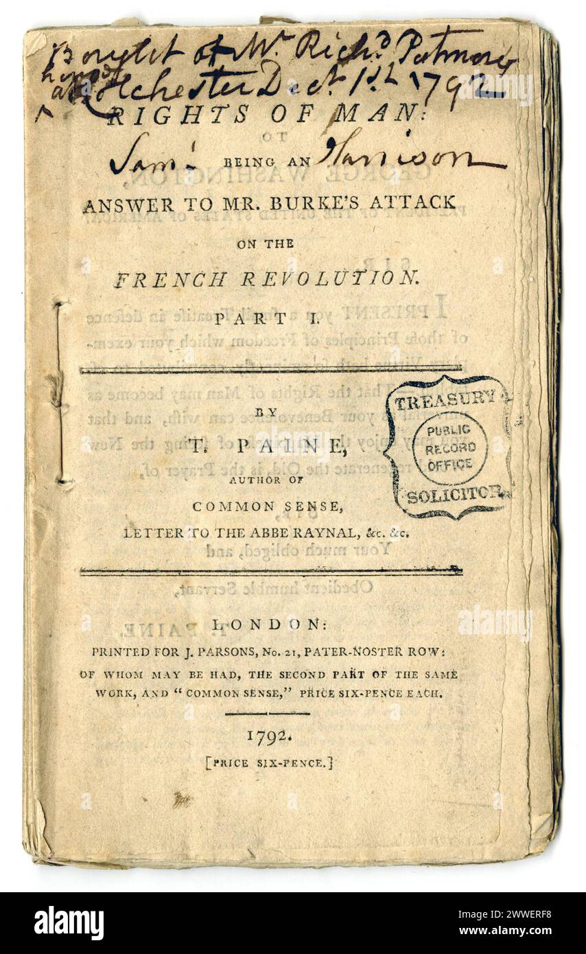 Rights of Man by Thomas Paine TS24/3/10 This document is a pamphlet written by Thomas Paine written in 1792 in response to discussions around the French Revolution. Paine was one of the Founding Fathers of the United States of America, writing many pamphlets that would inspire those fighting the American Revolution to declare independence from Britain. This pamphlet, with its attacks on Conservative MP Edmund Burke, was deemed dangerous and incendiary by the British Government, leading to Paine being prosecuted and found guilty in absentia of seditious libel. This guilty verdict led to a strin Stock Photo