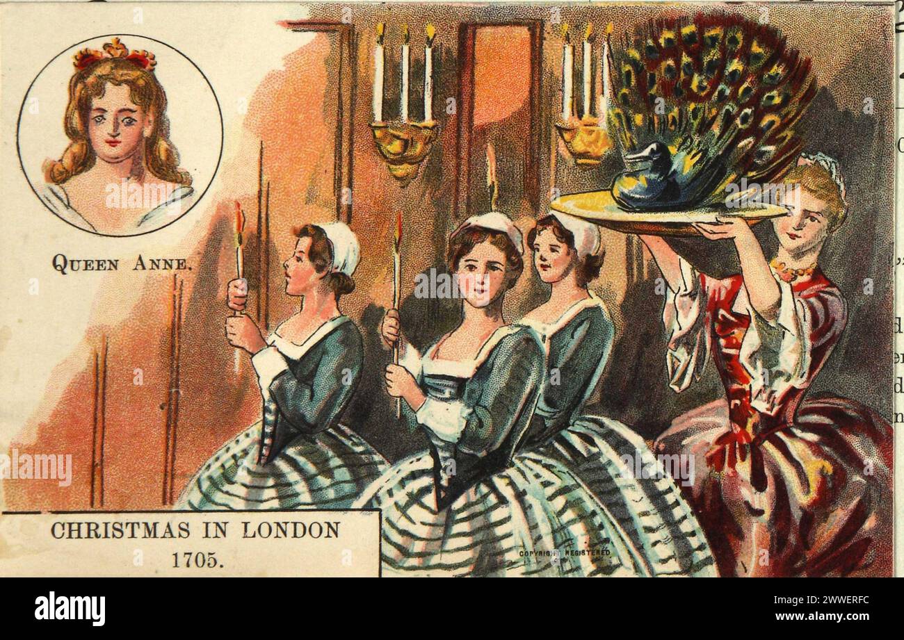 Christmas in London 1705 Document: 'Christmas in London 1705', 1905. Catalogue ref: COPY 1/232 (294) Description: This illustration shows a group of women with candles walking down a hallway, followed by a woman holding up a plate with a roasted peacock on it. Whatever people like to eat for Christmas, one thing is for certain: food plays a central role in the celebrations. Inside the collection at The National Archives, there are hundreds of documents that can tell us about the food eaten at Christmas from Tudor times through to the twentieth century. This 1905 illustration aims to showcase w Stock Photo