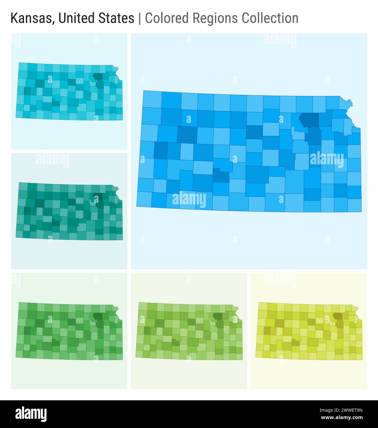Kansas United States Map collection - Kansas United States Map Collection State Shape Colored Counties Light Blue Cyan Teal Green Light Green Lime Color Palettes 2WWET9N