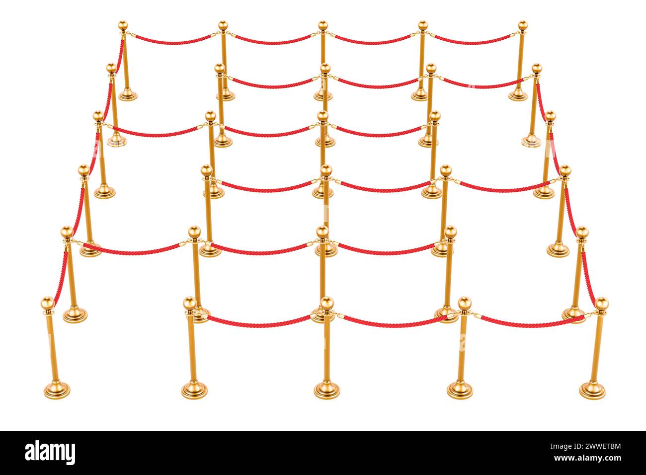 Premium Crowd Control Barriers, red roped line. 3D rendering isolated on white background Stock Photo
