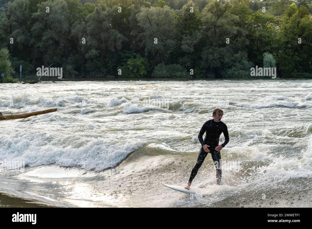 A young surfer wearing a wetsuit surfs in the Aare river during high tide. Stock Photo