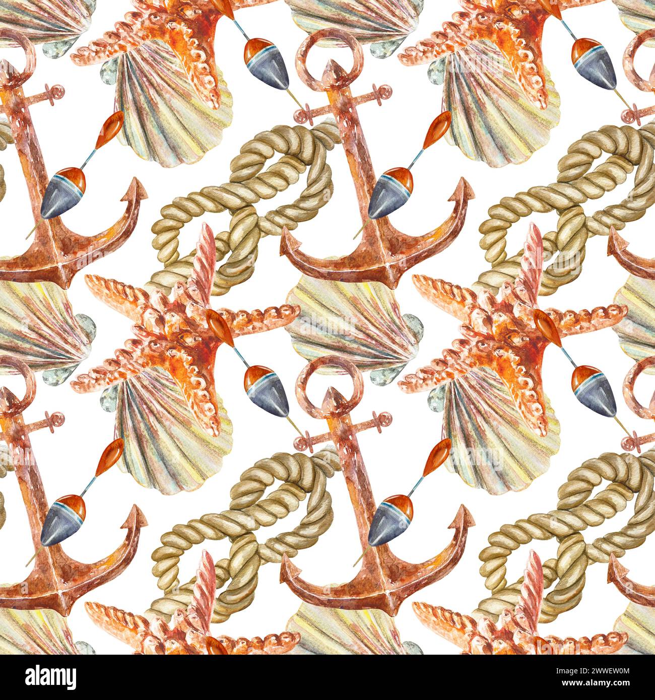 Nautical rope, starfish, shell, seamless pattern on white background ...