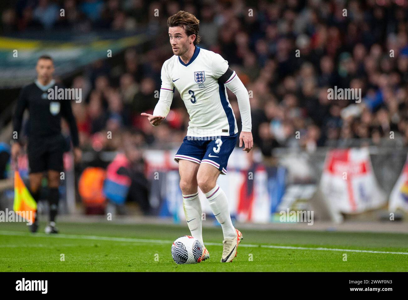 London, UK. 23 March, 2024. Ben Chilwell of England in action makes a save during the International Friendly match between England and Brazil at Wembley Stadium, London on Saturday 23rd March 2024. (Photo: Mike Morese | MI News) Credit: MI News & Sport /Alamy Live News Stock Photo