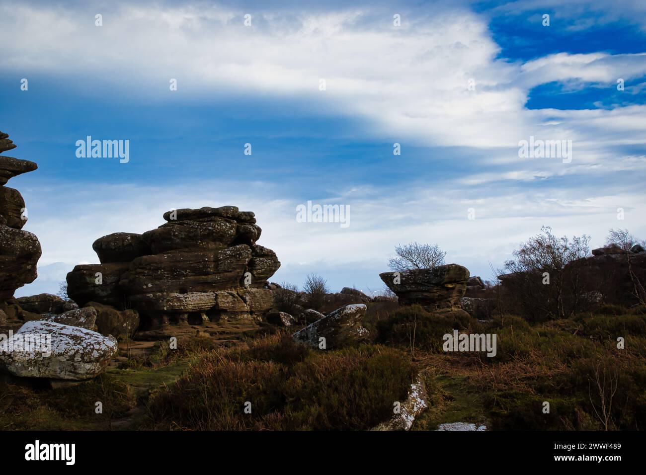 Scenic view of rugged rock formations amidst wild heath under a cloudy sky at Brimham Rocks, in North Yorkshire Stock Photo