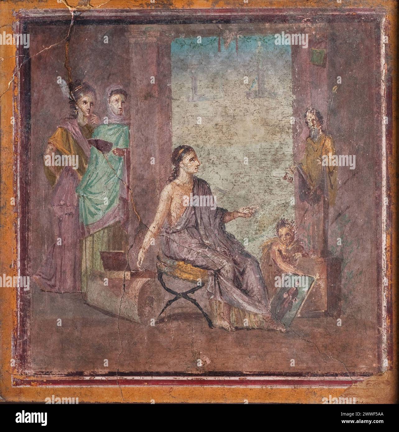 A female artist paints a statue of the phallic god Priapus, fresco from Pompeii, 1st c. AD Stock Photo
